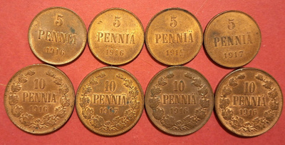 Kiiltoa: 5 penniä 1914, 1916, 1917 + 10 p 1916, 1917 (KD3)
