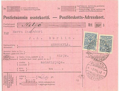 1911 20p 2 kpl postiennakkokirje