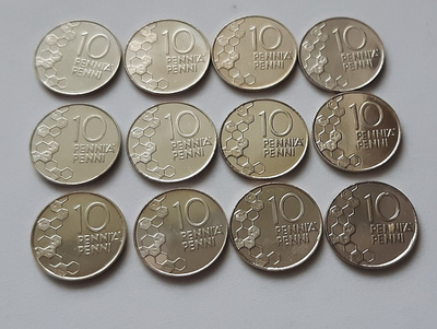 10 penni vuodet 1990 - 2001, yhteensä 12 kpl, UNC