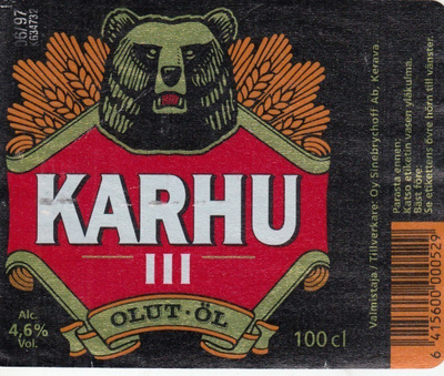 Olutetiketti  Karhu III  4,6 % 100cl Sinebrychoff   ,  a3