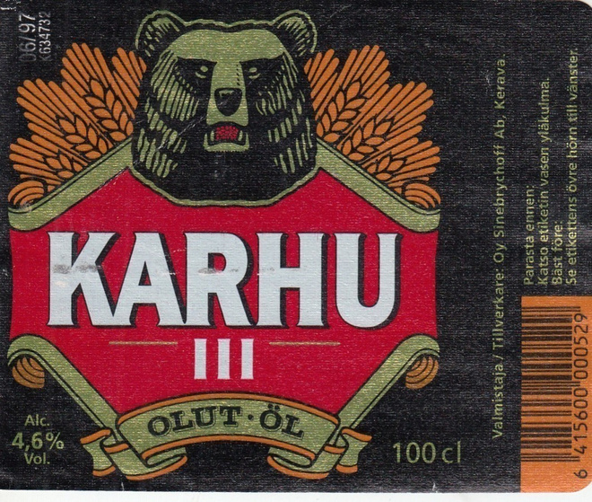 Olutetiketti  Karhu III  4,6 % 100cl Sinebrychoff   ,  a3