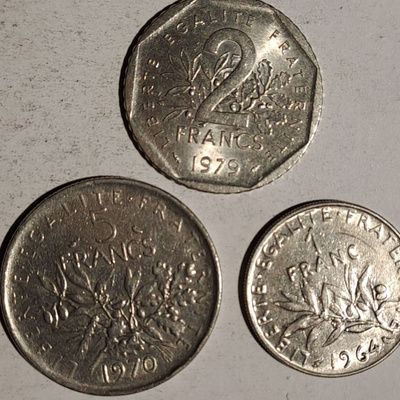 Ranska 5 , 2 ja 1 Frangin kolikot