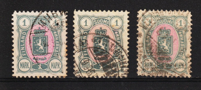 1889 3kpl 1mk Vaakunamerkkiä leimattuna