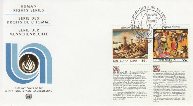 Kirje FDC , YK Human rights series v 1993, UPEA kuori