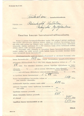 Kiikala, luovutusmääräys, 2 kpl. , heinä ja kaura.