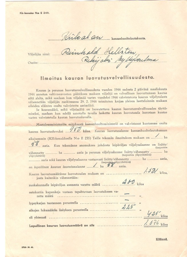 Kiikala, luovutusmääräys, 2 kpl. , heinä ja kaura.