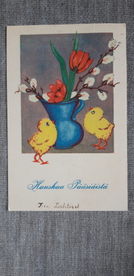 Vanha pääsiäiskortti v. 1941, siltaleima ja P vaunu leima
