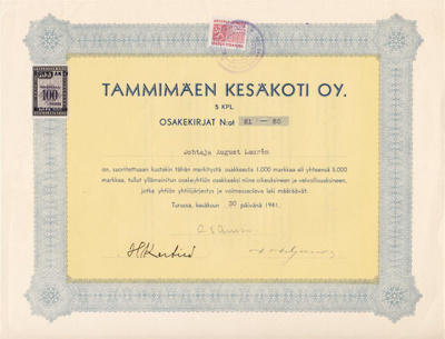 OKK 1941 Tammimäen Kesäkoti Oy, Turku osakekirja