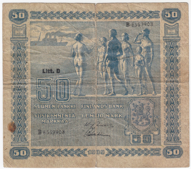 50 Markkaa 1939 Litt.D B-sarjaa, vl.II, kl.2
