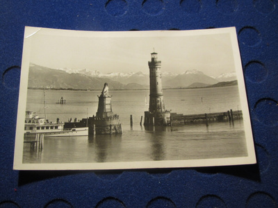 Lindau am Bodensee. Sataman sisäänkäynti.Majakka.Postikortti