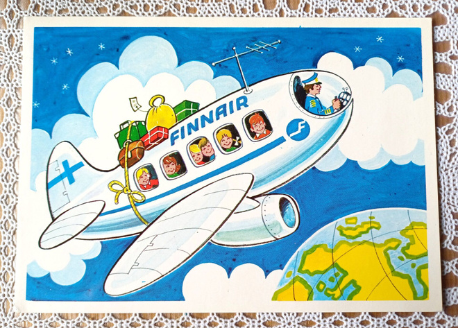 Finnair piirretty postikortti uudenveroinen
