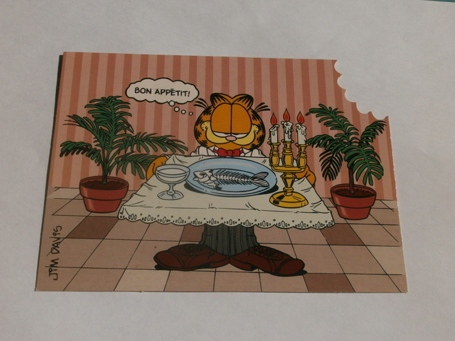 Karvinen / Garfield -kortti, josta pala "puraistu", p. 1989