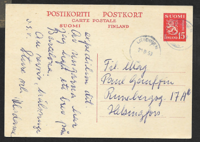 Postil. - Ehiö 15mk (LAPE 108) Littoinen 21.8.1953