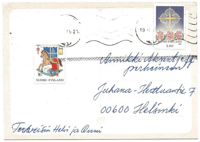Tub Joulumerkki 1985 Joulutonttuja kortilla