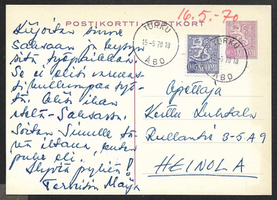 Postilähetys - Ehiö 0,25mk (LAPE 125) Turku 15.5.1970
