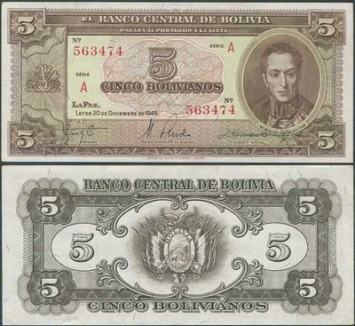 Bolivia 5 Bolivianos 1945 (P-138a) XF+/AU