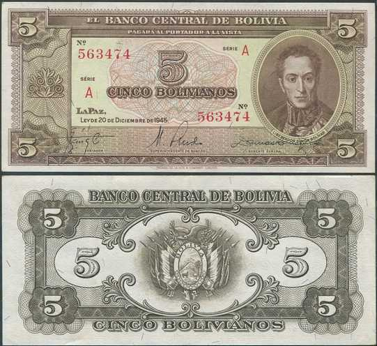 Bolivia 5 Bolivianos 1945 (P-138a) XF+/AU