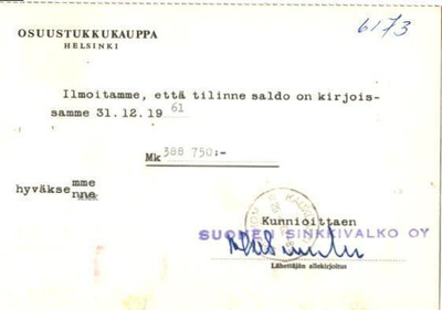 FIRMAKORTTI SUOMEN SINKKIVALKO KAUKLAHTI
