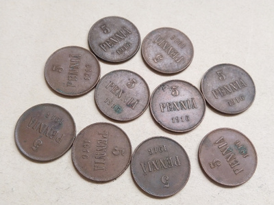 5 penniä Cu 1916 10 kpl