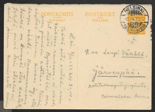 Postilähetys - Ehiö 1,25 (LAPE 63) Helsinki 3.12.1939