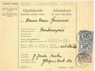 1922 2mk sininen ym pakettikortti
