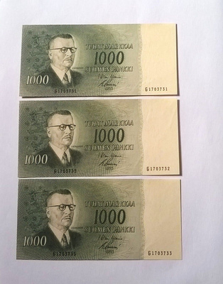 3 kpl 1000 mk 1955, PERÄKKÄISET NUMEROT