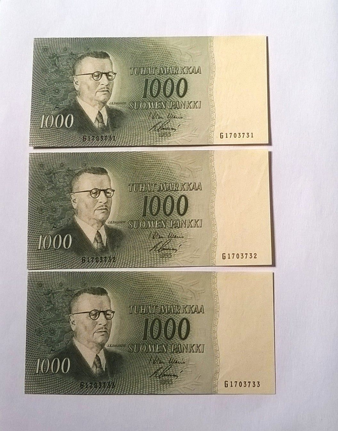 3 kpl 1000 mk 1955, PERÄKKÄISET NUMEROT