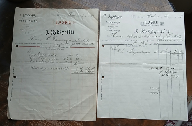 Hykkyrä  , Hamina , 2 kuittia v. 1906 ja v. 1908