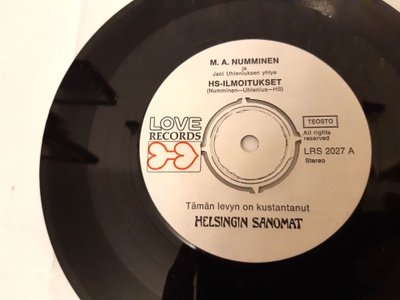 Helsingin Sanomat mainoslevy M.A. Numminen 1973