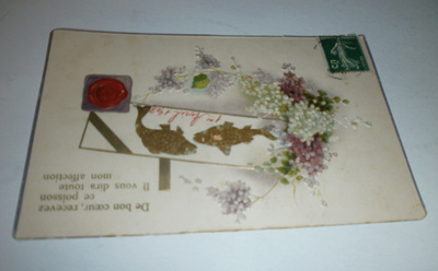 Kukkia, sinetti, kaloja; Aprillipäiväkortti, p. 1908