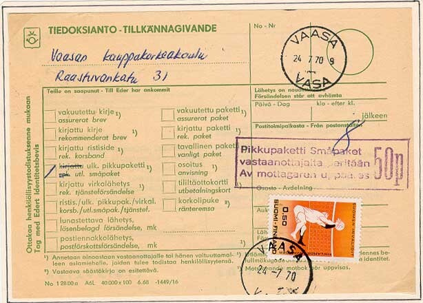 1970 invaidit- ulk.pikupaketinluovutusmaksu
