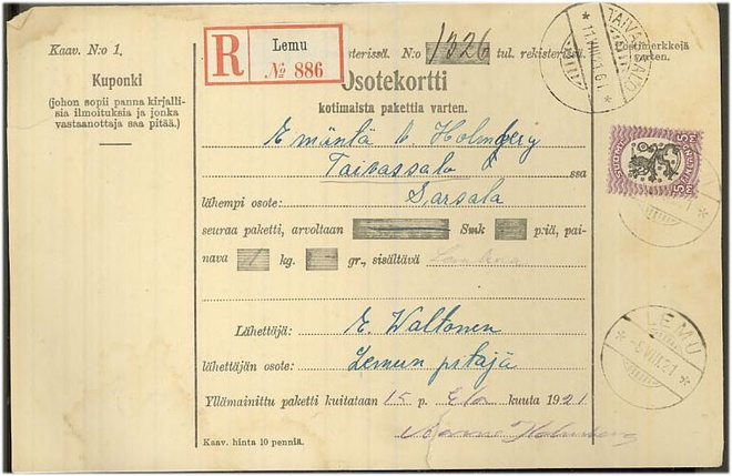 1917 5mk R-paketti (kortissa rissi) Lemusta Taivassaloon -21