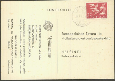 1956 Pohjola 20 mk postikortti