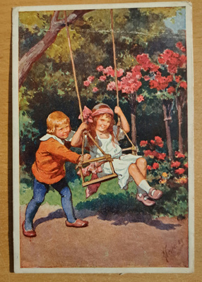 Lapset keinuu puistossa, sign? kulkematon vanha kort