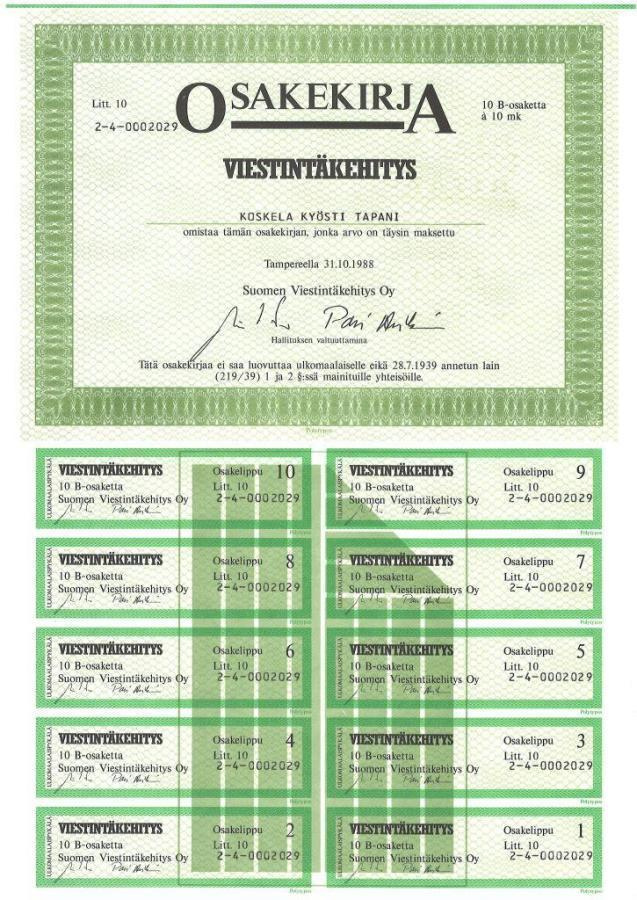 OKK 1988 Suomen Viestintäkehitys Oy, Tampere pörssi osakek
