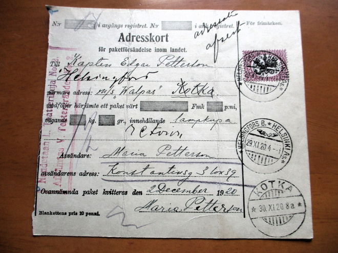 1920 Hki osoitekortti Kotkaan m/s Walpas, avresat