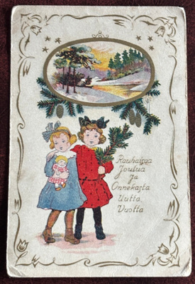 Joulu, kaksi tyttöä ja maisema, kulkenut