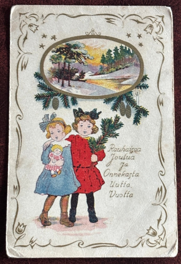 Joulu, kaksi tyttöä ja maisema, kulkenut