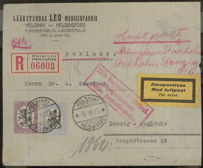 M17 5 mk hr B W1 ja 3mk hr R-lentokirje Danzigiin 1927