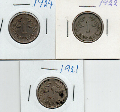 3 kpl hevosmiehen markkoja 1921,22,24