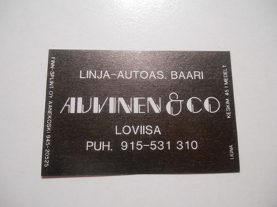 TT Etiketti Linja-autoas.  Baari Auvinen & co Loviisa