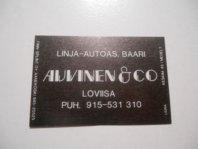 TT Etiketti Linja-autoas.  Baari Auvinen & co Loviisa