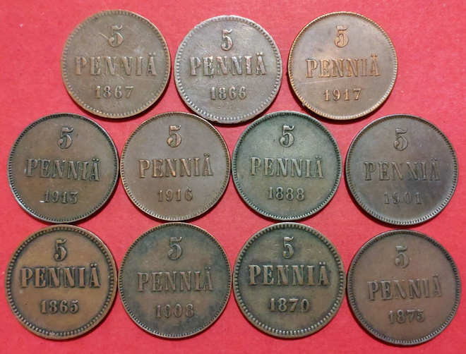 5 penniä 1865, 1866, 1870, 1875...... Asiallinen kunto (KD2)