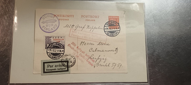 Zeppelin kortti Saksaan. Erittäin hienot leimat.