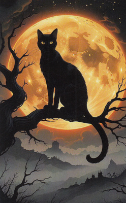Halloween musta kissa puun oksalla, suuri täysikuu