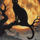 Halloween musta kissa puun oksalla, suuri täysikuu - pikkukuva 1