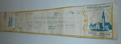 Apteekkiresepti, Töölön Apteekki, Helsinki 1956