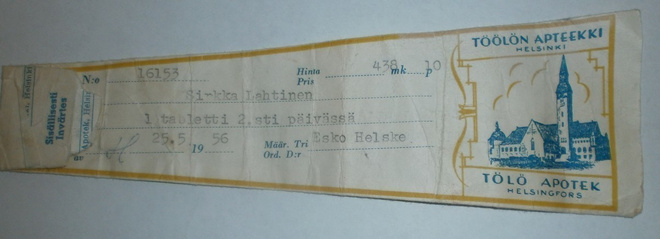 Apteekkiresepti, Töölön Apteekki, Helsinki 1956