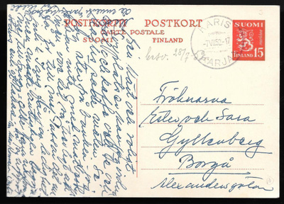 Ehiö - 15mk punainen (LAPE 108) Karis 7.7.1952