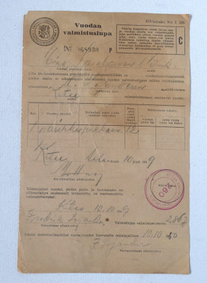 Vuodan valmistuslupa, 10.10.1949 Kitee